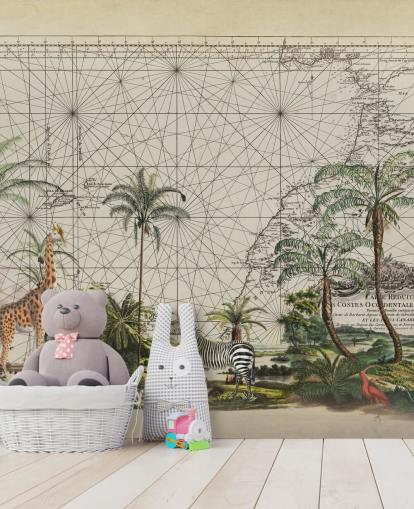 giraffe, zebra and tropical bird in western African jungle against a vintage map background wallpaper