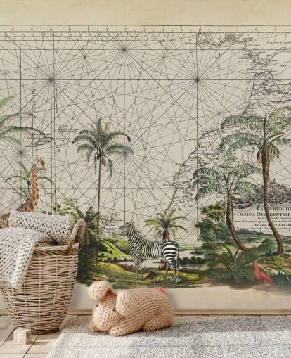 giraffe, zebra and tropical bird in western African jungle against a vintage map background wallpaper