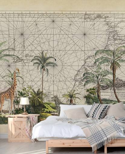 giraffe, zebra and tropical bird in western African jungle against a vintage map background wallpaper