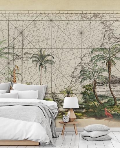 giraffe, zebra and tropical bird in western African jungle against a vintage map background wallpaper