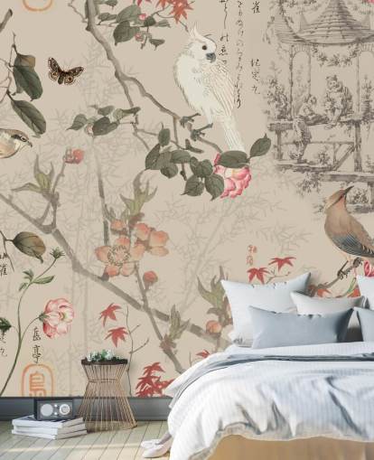 papel pintado chinoiserie floral y pájaro