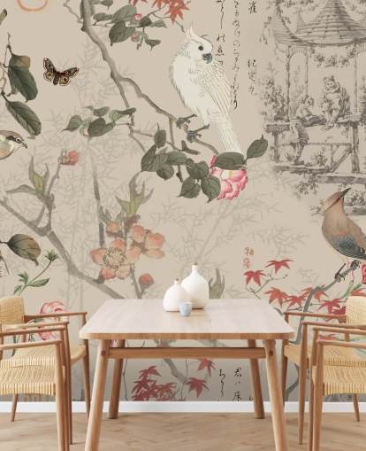 papel pintado chinoiserie floral y pájaro