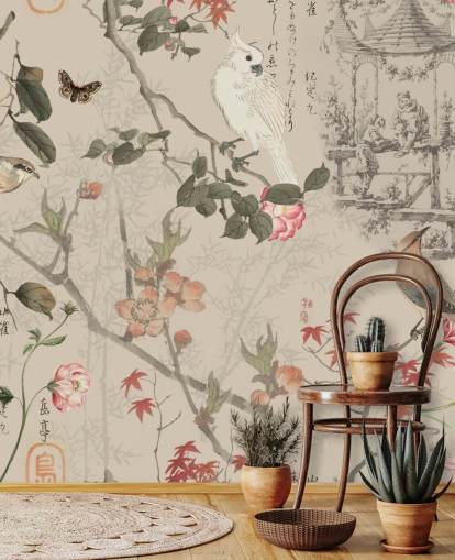 papier peint chinoiserie oiseaux et fleurs