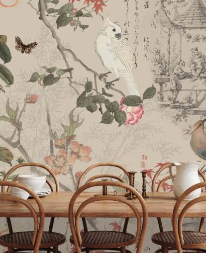 fågel och blommig chinoiserie tapeter