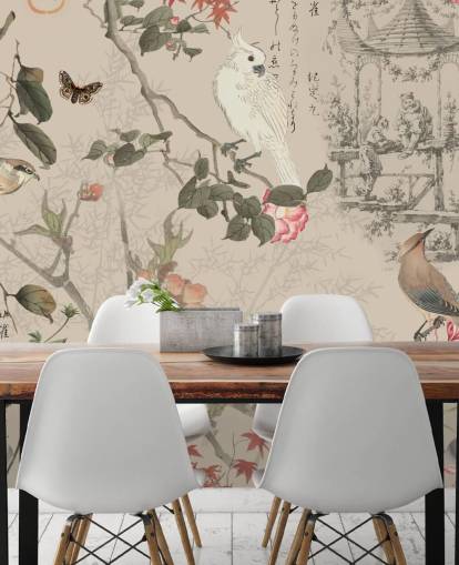 fugl og floral chinoiserie tapet