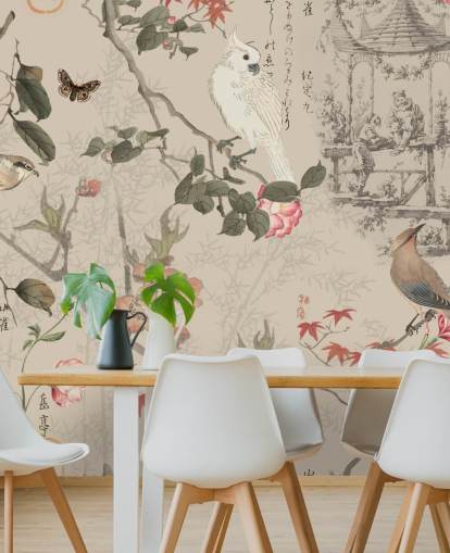 papel pintado chinoiserie floral y pájaro