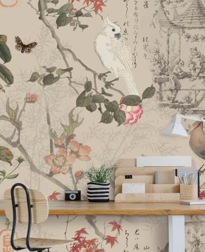 fågel och blommig chinoiserie tapeter