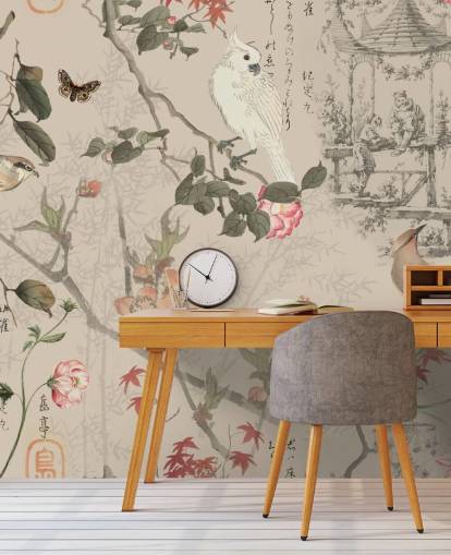 fugl og floral chinoiserie tapet