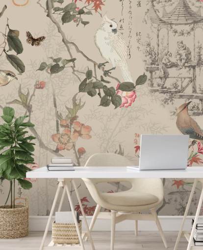 Chinoiserie-Tapete mit Vogel und Blumen