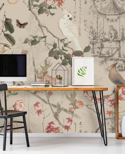 fågel och blommig chinoiserie tapeter