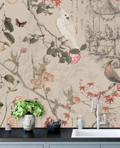 papel de parede chinoiserie pássaro e floral