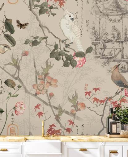 bird and floral chinoiserie wallpaper