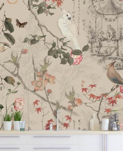 fugl og floral chinoiserie tapet
