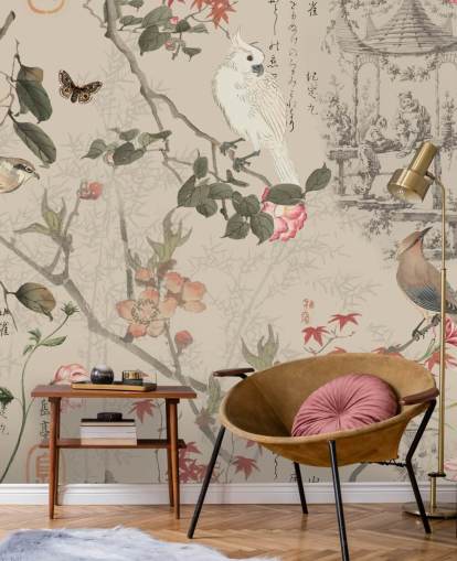 fågel och blommig chinoiserie tapeter