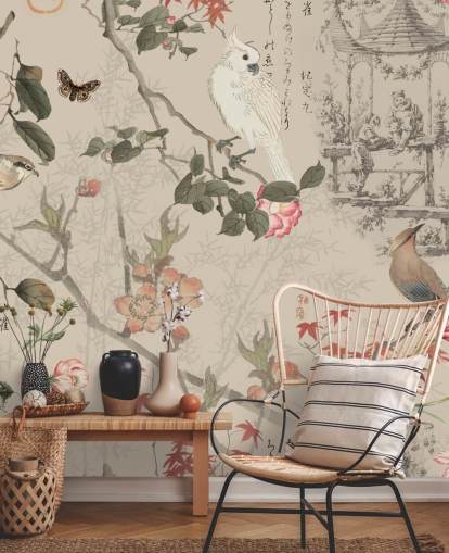 fugl og floral chinoiserie tapet