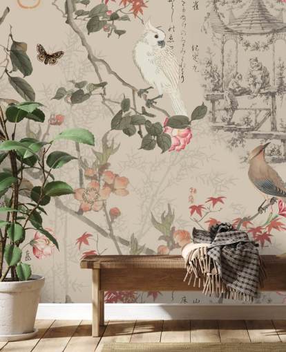 fågel och blommig chinoiserie tapeter