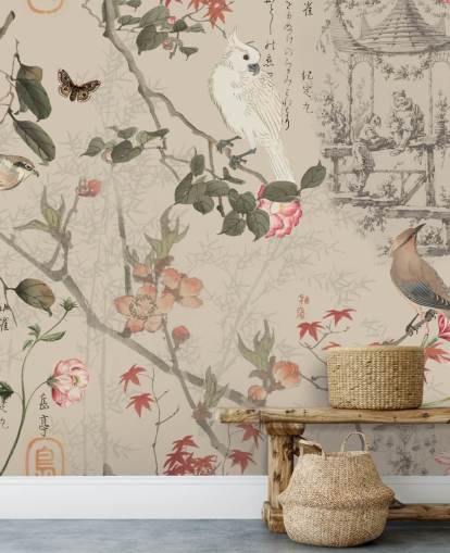 lintu ja kukka chinoiserie tapetti