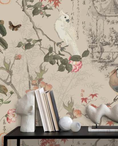 papel pintado chinoiserie floral y pájaro