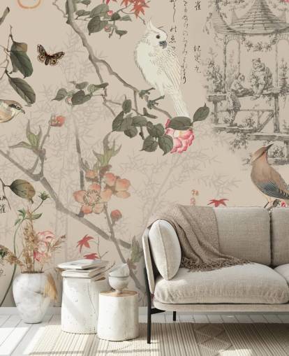 lintu ja kukka chinoiserie tapetti