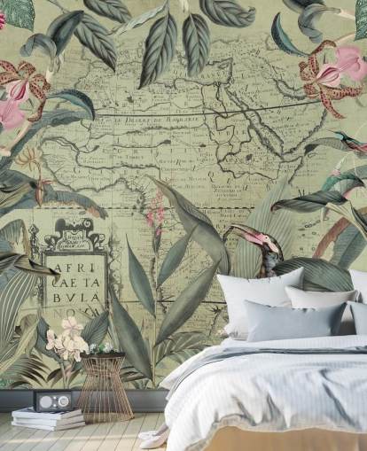 leafy jungle and floral wallpaper with vintage mag background
