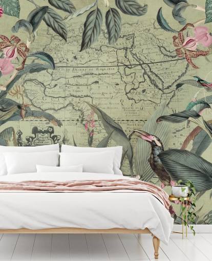 belaubter Dschungel und Blumentapete mit Vintage-Mag-Hintergrund