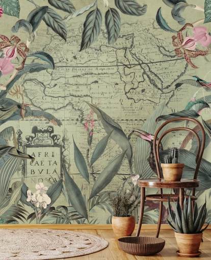 belaubter Dschungel und Blumentapete mit Vintage-Mag-Hintergrund belaubter Dschungel und Blumentapete mit Vintage-Mag-Hintergrund