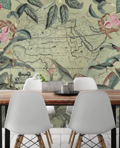 lommerrijke jungle en bloemenbehang met vintage magachtergrond