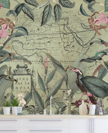 leafy jungle and floral wallpaper with vintage mag background