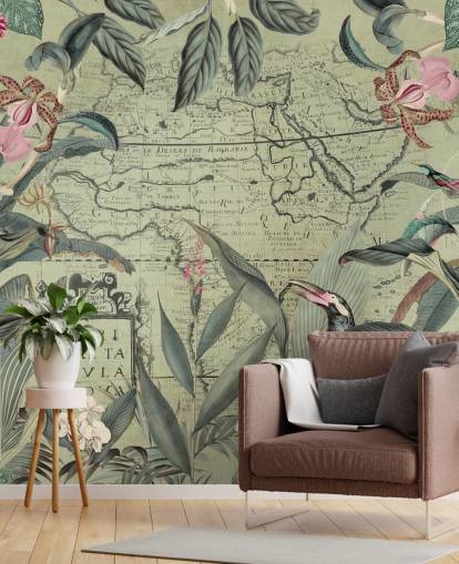 leafy jungle and floral wallpaper with vintage mag background