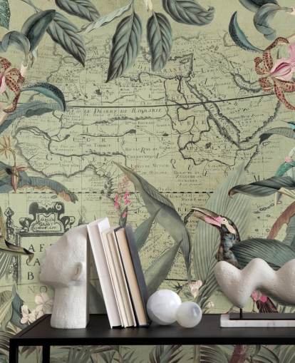 belaubter Dschungel und Blumentapete mit Vintage-Mag-Hintergrund belaubter Dschungel und Blumentapete mit Vintage-Mag-Hintergrund