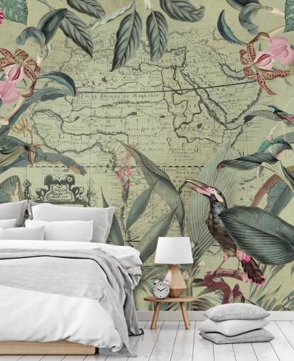 leafy jungle and floral wallpaper with vintage mag background