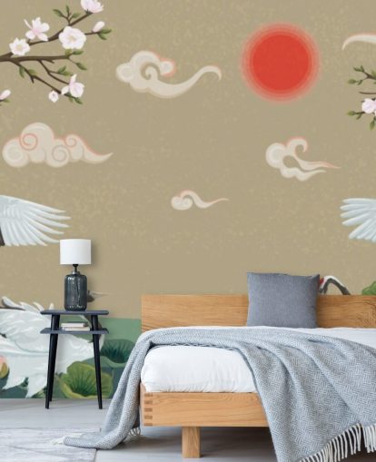 vier japanische Kraniche mit Blüten Tapete