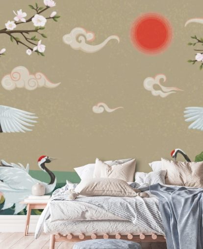 four japanese cranes with blossoms wallpaper