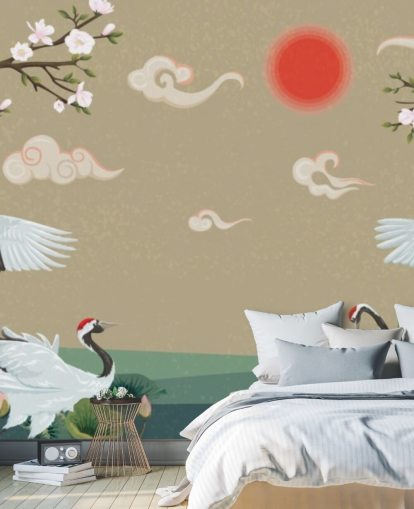 quatro guindastes japoneses com flores papel de parede quatro guindastes japoneses com flores papel de parede