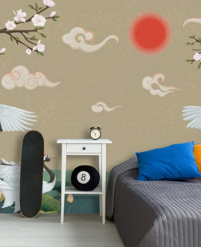 papier peint quatre grues japonaises avec des fleurs