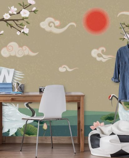 fondo de pantalla de cuatro grullas japonesas con flores