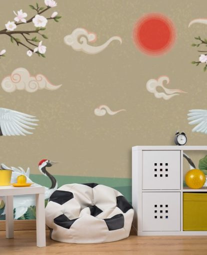 four japanese cranes with blossoms wallpaper