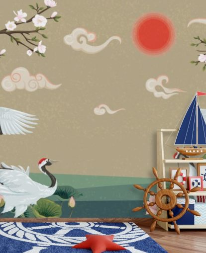 fyra japanska kranar med blommor tapeter fyra japanska kranar med blommor tapeter