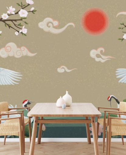 four japanese cranes with blossoms wallpaper