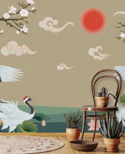 vier japanische Kraniche mit Blüten Tapete