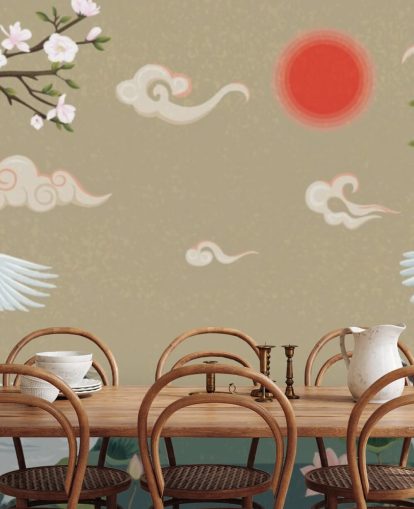 fire japanske kraner med blomster tapet fire japanske kraner med blomster tapet