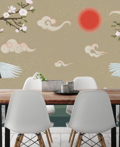 vier japanische Kraniche mit Blüten Tapete