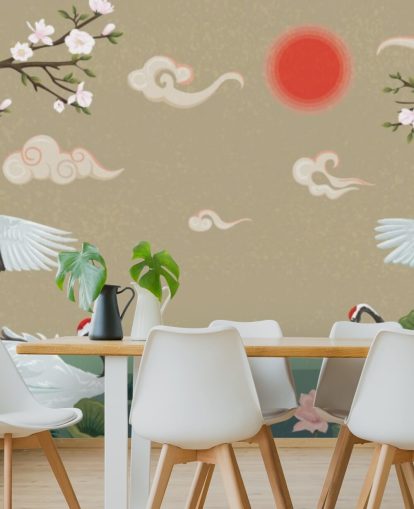 four japanese cranes with blossoms wallpaper