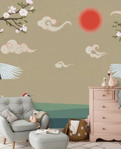 four japanese cranes with blossoms wallpaper