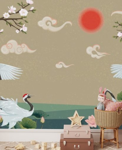 vier japanse kranen met bloesems behang vier japanse kranen met bloesems behang