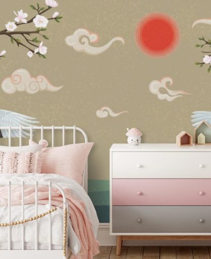 quatro guindastes japoneses com flores papel de parede