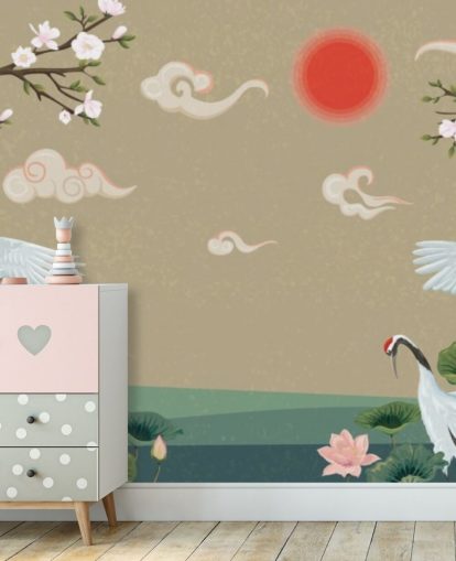 four japanese cranes with blossoms wallpaper four japanese cranes with blossoms wallpaper