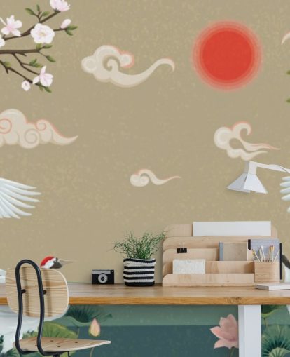 four japanese cranes with blossoms wallpaper