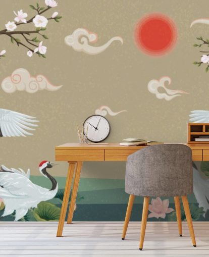 fire japanske kraner med blomster tapet fire japanske kraner med blomster tapet