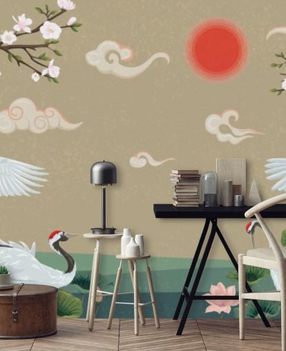 four japanese cranes with blossoms wallpaper